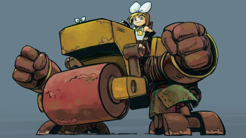 &gt;:) 1girl bare_shoulders black_sleeves blonde_hair blue_eyes bow clenched_hands detached_sleeves driving grey_background hair_bow hair_ornament hairclip kagamine_rin looking_at_viewer machinery mecha meme motor_vehicle neckerchief nippori_honsha road_roller_da!_(meme) robot rust sailor_collar short_hair smile solo steamroller v-shaped_eyebrows vocaloid white_bow yellow_neckerchief
