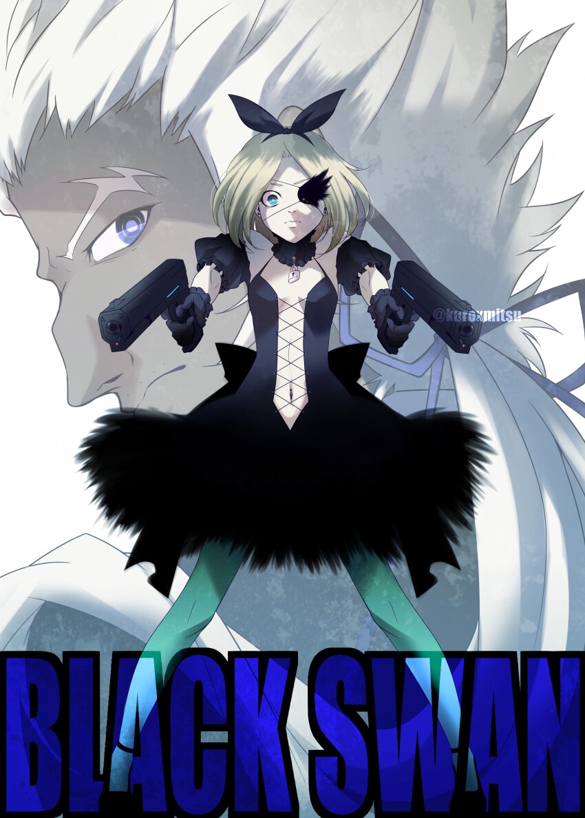 1boy 1girl absurdres aquiline_nose black_dress black_gloves black_hairband blonde_hair blue_eyes bow_hairband center_opening classicaloid closed_mouth dress dual_wielding english_text eyepatch gloves green_pantyhose gun hairband handgun highres holding holding_gun holding_weapon johann_sebastian_bach_(classicaloid) kuroxmitsu_kinako lock looking_at_viewer navel_piercing nose padlock pantyhose piercing pyotr_illyich_tchaikovsky_(classicaloid) ringed_eyes short_hair weapon