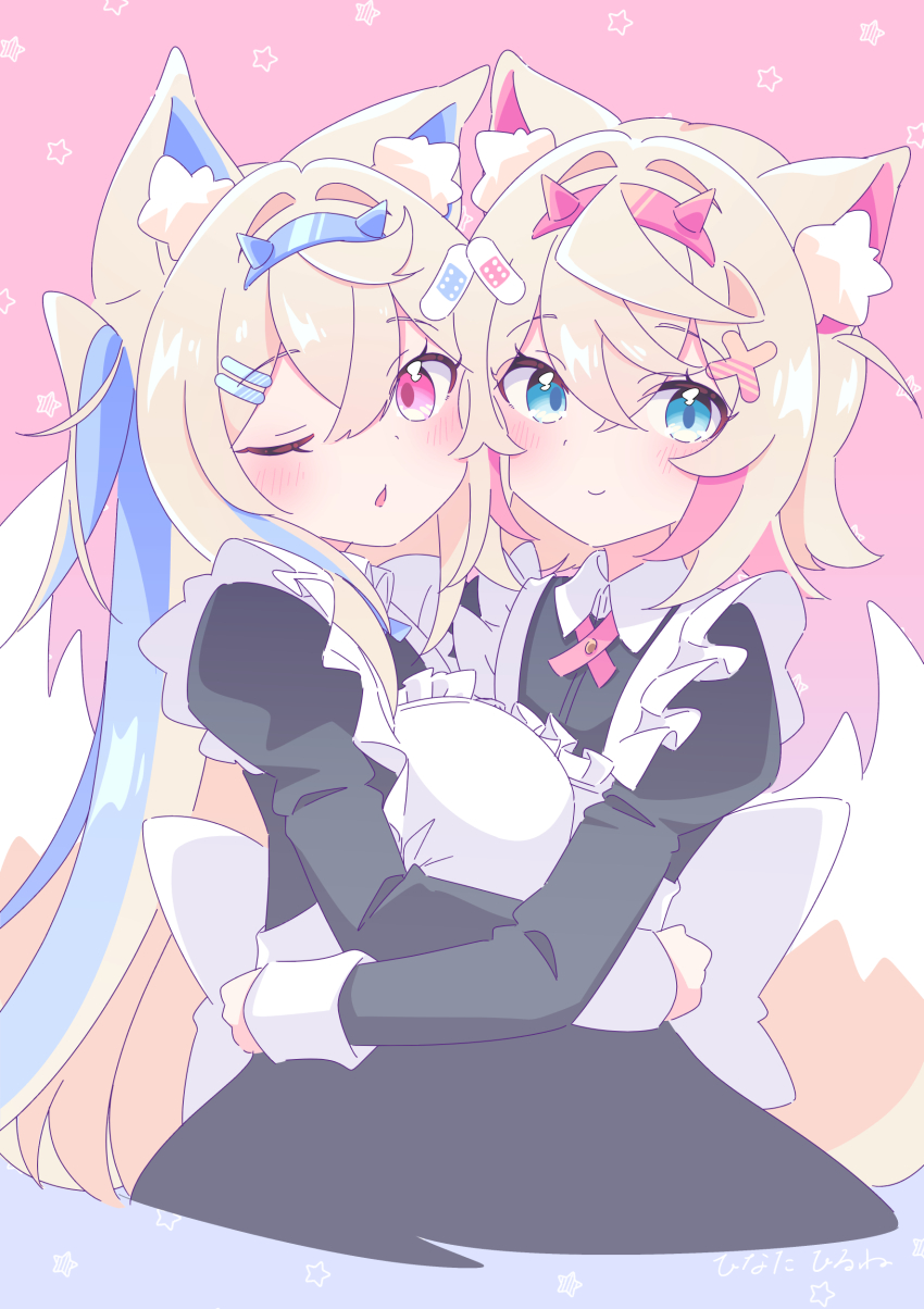 2girls absurdres alternate_costume animal_ear_fluff animal_ears apron bandaid bandaid_hair_ornament blonde_hair blue_eyes blue_hair closed_mouth dog_ears dog_girl dog_tail fuwawa_abyssgard hair_ornament highres hinata_hirune hololive hololive_english hug long_hair maid maid_apron mococo_abyssgard multicolored_hair multiple_girls one_eye_closed open_mouth pink_eyes pink_hair short_hair siblings sisters smile streaked_hair tail twins twintails two_side_up very_long_hair virtual_youtuber x_hair_ornament