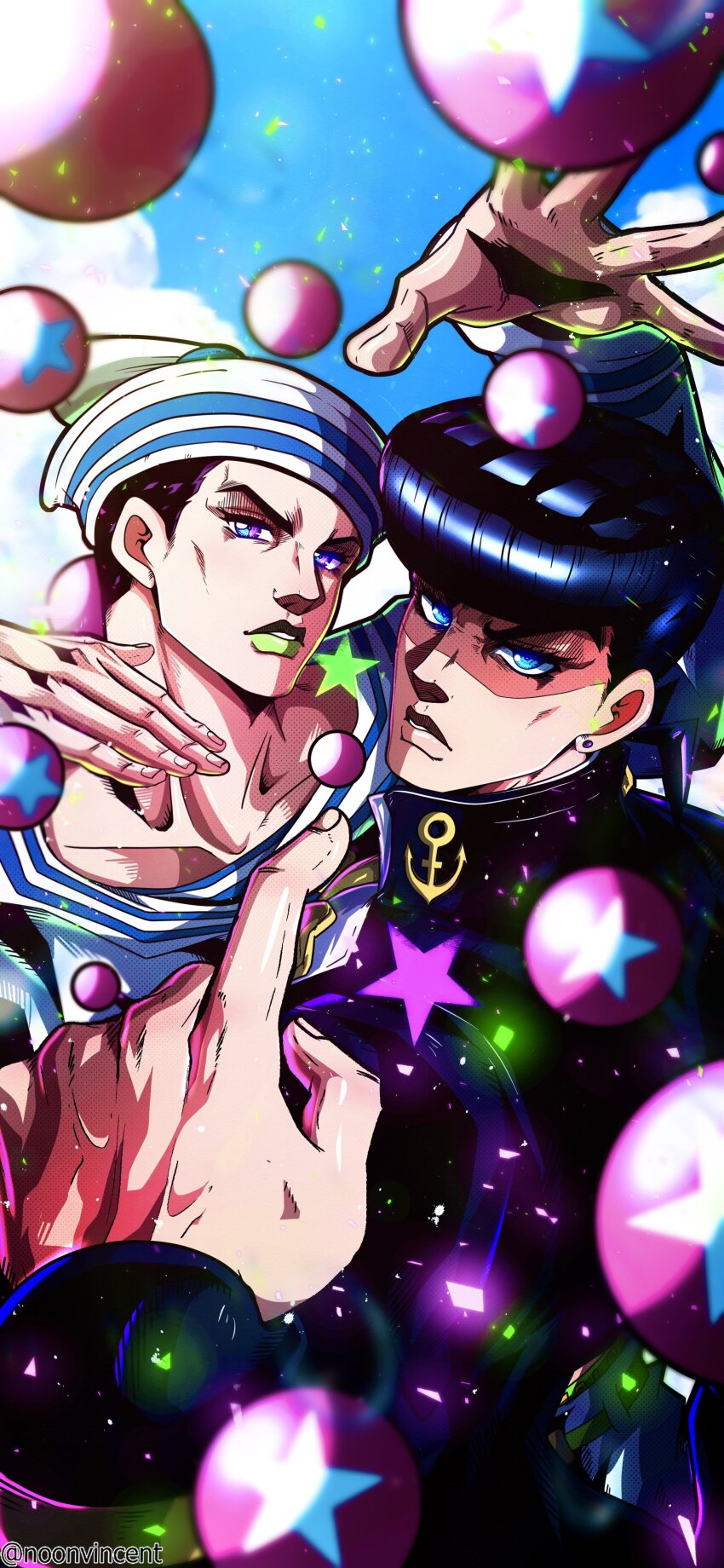 2boys absurdres anchor_ornament black_coat black_hair blue_eyes blue_hair blurry bubble coat collarbone depth_of_field diamond_wa_kudakenai dixie_cup_hat earrings gakuran green_lips hat higashikata_josuke higashikata_josuke_(jojolion) high_collar highres jewelry jojo_no_kimyou_na_bouken jojolion looking_at_viewer makeup male_focus military_hat multiple_boys noonvincent parted_lips peace_symbol pointing pointing_at_self pompadour purple_eyes sailor sailor_collar school_uniform shirt star_(symbol) star_print stud_earrings teeth white_hat white_sailor_collar white_shirt