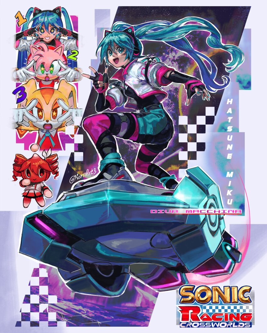4girls absurdres amy_rose animal_ear_headphones animal_ears aqua_hair cat_ear_headphones chao_(sonic) copyright_name cream_the_rabbit drill_hair fake_animal_ears fingerless_gloves gloves hatsune_miku headphones hedgehog_girl highres hoverboard jacket kasane_teto kornart logo multiple_girls official_alternate_costume open_mouth rabbit_girl sonic_(series) sonic_racing:_crossworlds star-shaped_pupils star_(symbol) symbol-shaped_pupils twin_drills twintails v v_over_eye vocaloid