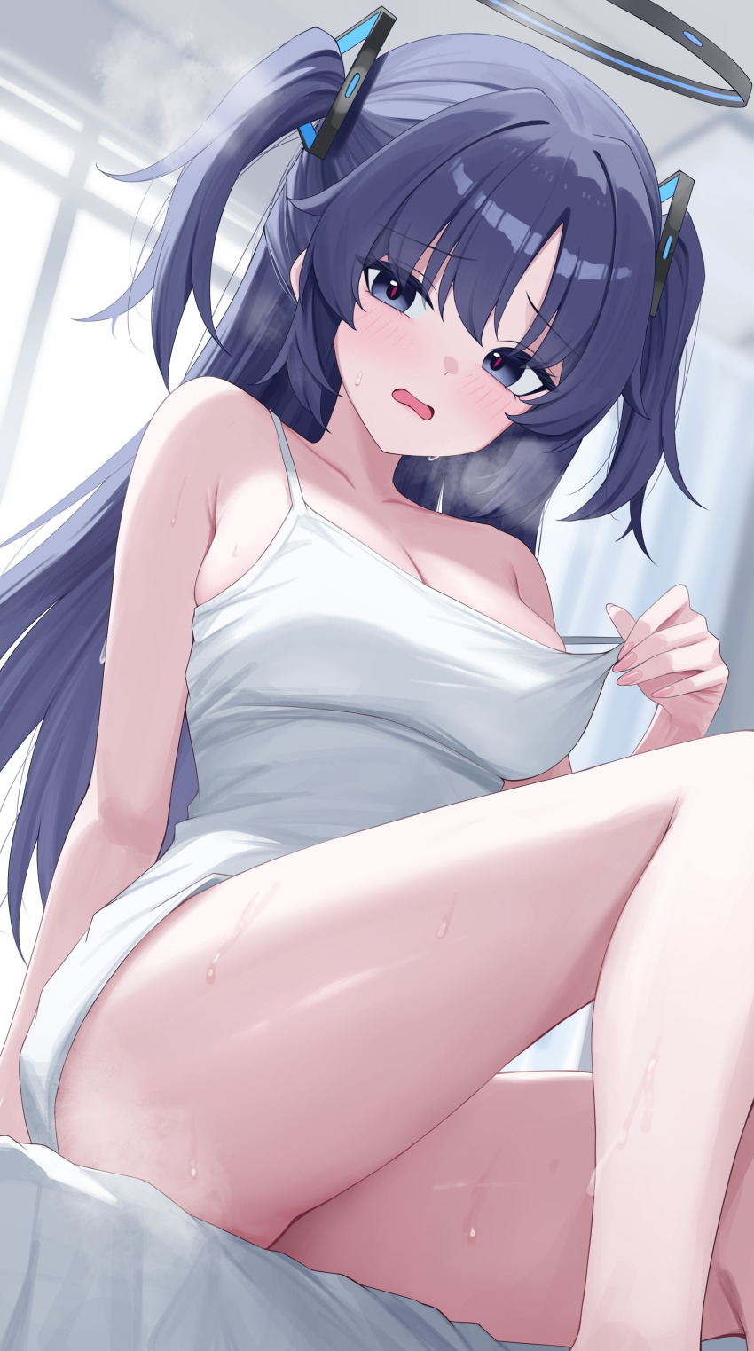 1girl absurdres bare_shoulders bed bed_sheet black_halo blue_archive blush breasts cleavage collarbone commentary dutch_angle from_below hair_between_eyes hair_ornament halo highres indoors knee_up large_breasts long_hair looking_at_viewer mechanical_halo nail_polish on_bed open_mouth pink_nails purple_eyes purple_hair red_pupils sei_(0724sei6) shirt shirt_tug sitting solo spaghetti_strap steam sweat thighs triangle_hair_ornament two_side_up very_long_hair wavy_mouth white_shirt window yuuka_(blue_archive)