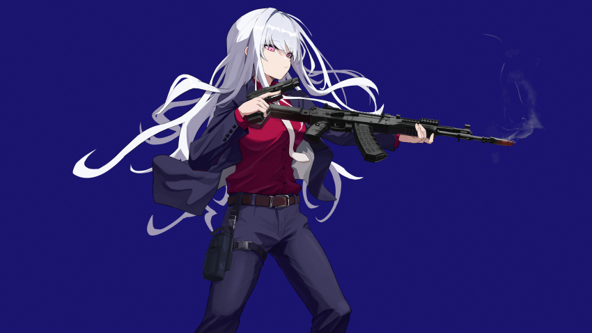 1girl absurdres ak-12 ak-12_(girls&#039;_frontline) ak-12_(lucia)_(girls&#039;_frontline) assault_rifle belt black_jacket black_pants blue_background brown_belt chinese_commentary commentary_request cowboy_shot dress_shirt girls&#039;_frontline gun handgun haohaomaster highres holding holding_gun holding_weapon holster jacket kalashnikov_rifle long_hair mp-443_grach official_alternate_costume open_clothes open_jacket pants pink_eyes red_shirt rifle shirt simple_background smoke smoking_barrel solo thigh_holster trigger_discipline unusually_open_eyes weapon white_hair