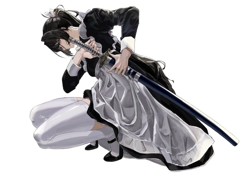 1girl apron blue_eyes bow frills highres katana long_hair looking_at_viewer original ponytail profile puffy_sleeves sawatani_(_swt2) sheath sidelocks simple_background solo squatting sword thighhighs unsheathing weapon white_background white_bow white_thighhighs