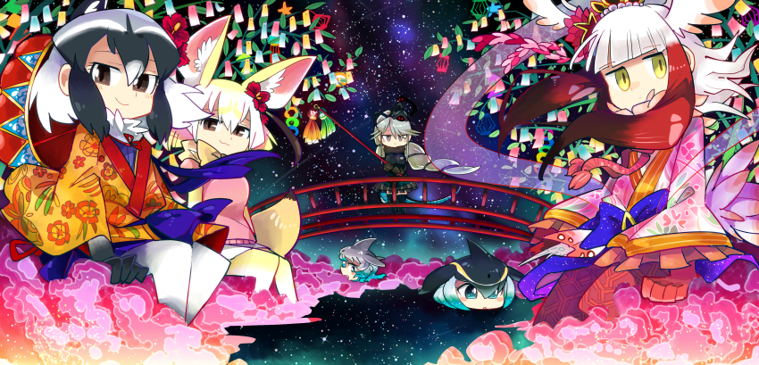 10s 6+girls absurdres alternate_costume animal_ears bad_id bad_pixiv_id black_gloves black_hair black_skirt blonde_hair blue_eyes blue_hair blue_sash blunt_bangs bow bowtie bridge brown_eyes common_bottlenose_dolphin_(kemono_friends) common_dolphin_(kemono_friends) common_raccoon_(kemono_friends) cosplay empty_eyes extra_ears fennec_(kemono_friends) fins floral_print flower fox_ears fox_tail fur_collar genbu_(kemono_friends) gloves grey_hair hagoromo hair_between_eyes hair_flower hair_ornament hanagasa head_fins head_wings hibiscus highres japanese_crested_ibis_(kemono_friends) japari_symbol kanmoku-san kemono_friends kemono_friends_festival long_hair long_sleeves looking_at_viewer looking_to_the_side miniskirt multicolored_hair multiple_girls night night_sky orihime_(cosplay) orihime_(tanabata) outdoors pantyhose partially_submerged pleated_sleeves raccoon_ears red_gloves red_hair red_legwear ryuusou sash shawl short_hair sitting skirt sky smile star_(sky) swimming tail tanabata tanzaku thighhighs very_long_hair white_hair white_legwear white_skirt wide_sleeves wings yellow_eyes yellow_legwear yellow_neckwear zettai_ryouiki