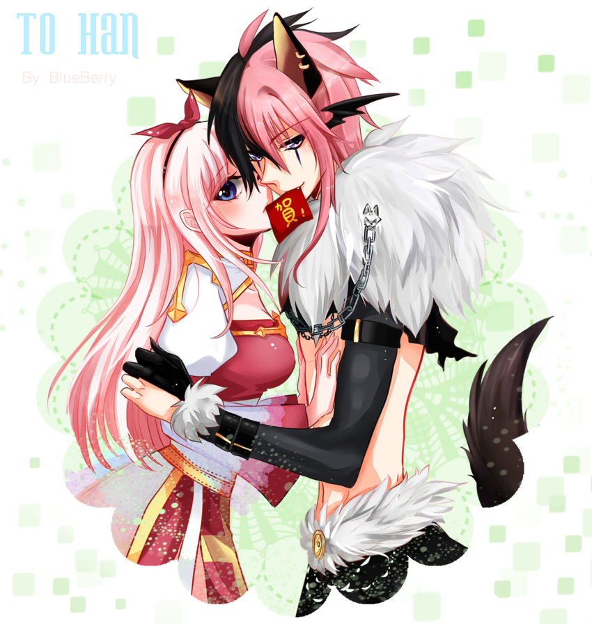 1boy 1girl ahoge animal_ear_piercing animal_ears arch_bishop_(ragnarok_online) bishounen black_eyeliner black_gloves black_hair black_wings blue_eyes blush breasts cleavage_cutout clothing_cutout commentary_request cowboy_shot cross dress ear_wings earrings elbow_gloves eyeliner facepaint fang gloves hair_between_eyes hands_on_another&#039;s_chest hands_on_another&#039;s_shoulder hetero highres hongbao jewelry juliet_sleeves lanmei_jiang long_bangs long_hair long_sleeves looking_at_viewer looking_to_the_side makeup medium_breasts multicolored_hair multiple_earrings open_mouth partially_fingerless_gloves pelvic_curtain pink_hair puffy_sleeves ragnarok_online red_dress shadow_chaser_(ragnarok_online) sidelocks smile split-color_hair tail two-tone_dress variant_set white_dress wings wolf_boy wolf_ears wolf_tail