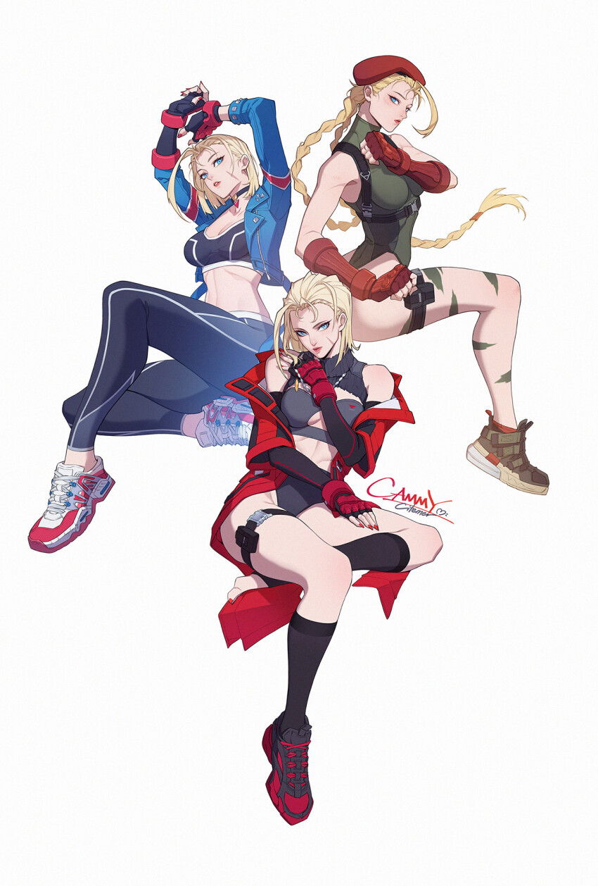 1girl beret black_gloves black_socks blonde_hair bob_cut bodypaint boots braid breasts cammy_white citemer cleavage denim denim_jacket facial_scar gloves green_leotard hat highres jacket kneehighs leotard long_hair looking_at_viewer medium_breasts midriff multiple_views open_clothes open_jacket open_shirt red_jacket scar scar_on_cheek scar_on_face shoes simple_background sneakers socks street_fighter twin_braids white_background