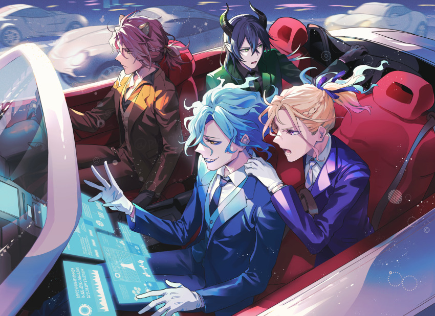 4boys :o alternate_costume animal_ears artist_name black_gloves black_hair black_shirt blonde_hair blue_eyeshadow blue_hair blue_jacket blue_lips blue_necktie blue_suit blue_vest bow braid brown_hair brown_ribbon car collared_shirt crown_braid dashi_(minzoku_gb) driving eyeshadow fiery_hair formal_clothes french_braid gloves gradient_hair green_eyes green_jacket green_necktie green_suit grin hair_between_eyes hair_bow hair_ribbon hand_on_another&#039;s_shoulder highres hologram holographic_interface holographic_touchscreen horns idia_shroud jacket leona_kingscholar lion_boy lion_ears long_hair long_sleeves makeup male_focus malleus_draconia medium_hair motor_vehicle multicolored_hair multiple_boys necktie open_mouth orange_jacket orange_suit orange_vest partially_unbuttoned pointy_ears ponytail purple_bow purple_eyes purple_eyeshadow purple_hair purple_jacket purple_necktie purple_suit ribbon scar scar_across_eye scar_on_face serious sharp_teeth shirt sitting smile sparkle suit teeth twisted_wonderland twitter_username v-shaped_eyebrows vest vil_schoenheit watermark white_gloves white_shirt wing_collar yellow_eyes