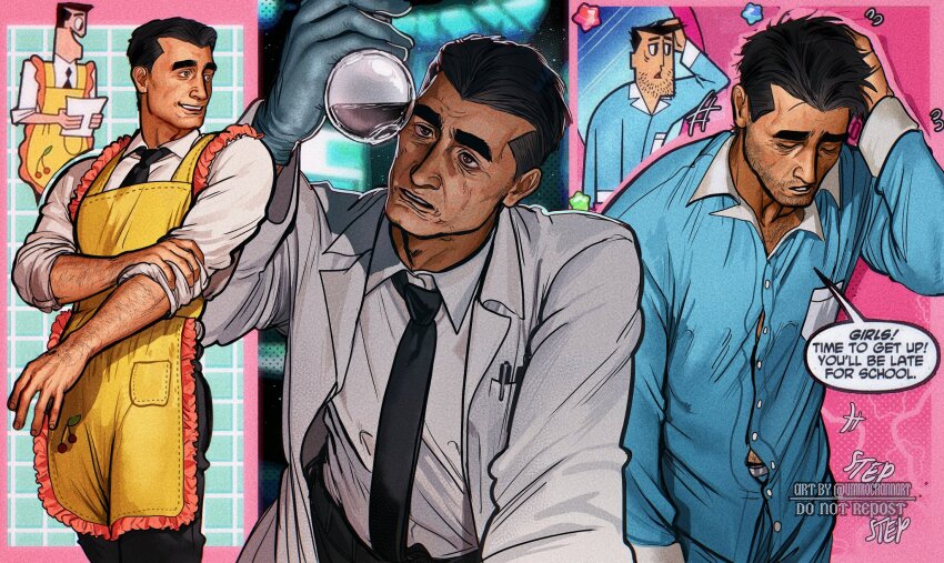 1boy apron arm_hair arm_up beaker beard_stubble belt black_belt black_hair black_necktie black_pants chest_hair coat collared_shirt commentary english_commentary english_text facial_hair frilled_apron frills gloves grey_eyes highres holding holding_beaker lab_coat lapels long_sleeves male_focus mature_male multiple_views necktie notched_lapels pants parted_lips pen powerpuff_girls professor_utonium reference_inset rolling_sleeves_up shirt short_hair sleeve_cuffs speech_bubble stubble teeth thick_eyebrows umikochannart watermark white_coat white_shirt wing_collar yellow_apron