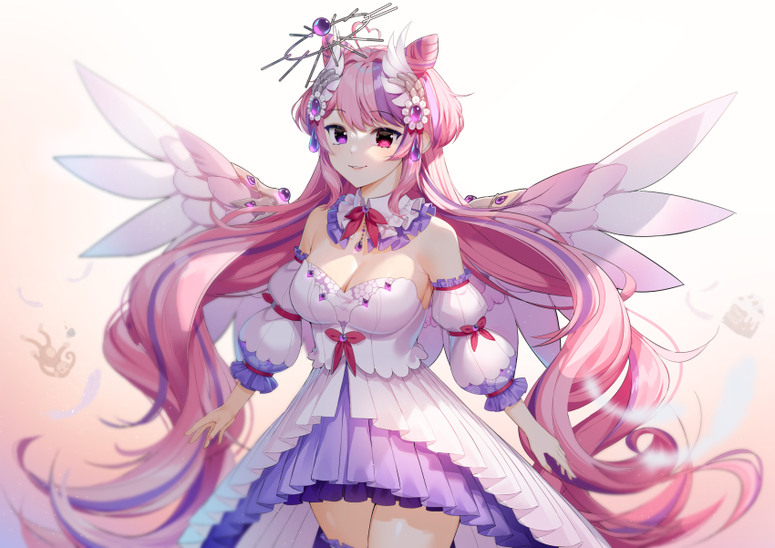 1girl angel_wings artist_name bare_shoulders breasts commentary cone_hair_bun cowboy_shot detached_collar detached_sleeves dress english_commentary gradient_background hair_bun hair_ornament heterochromia high-low_dress high-low_skirt highres ironmouse ironmouse_(fallen_angel) large_breasts long_hair looking_at_viewer multicolored_hair parted_lips pink_background pink_hair puffy_detached_sleeves puffy_sleeves purple_eyes purple_hair red_eyes sasoura simple_background smile solo streaked_hair very_long_hair virtual_youtuber vshojo watermark white_background wings