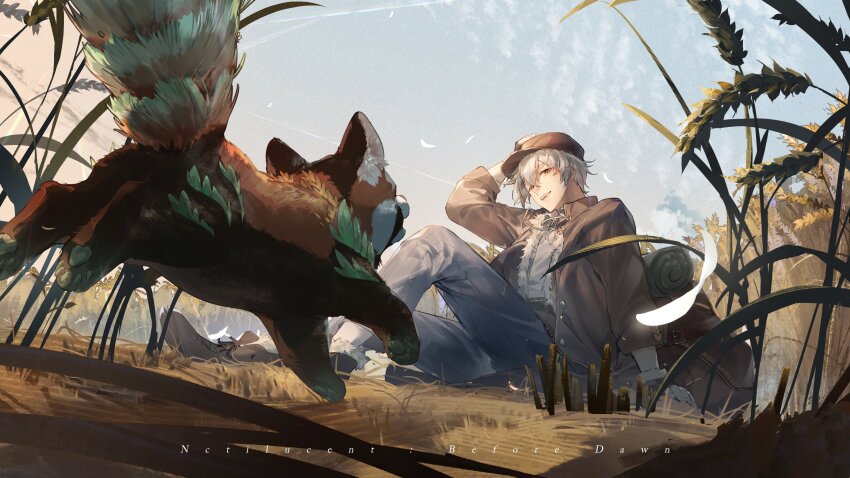 1boy absurdres animal anli_(noctilucent) backpack bag blue_sky copyright_name falling_petals from_below hat highres holding male_focus nasanail noctilucent:_before_dawn petals red_panda running ryee_(noctilucent) sitting sky smile wheat wheat_field