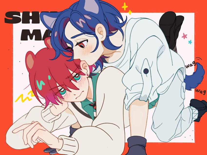 1boy 1girl all_fours amate_yuzuriha animal_ears aqua_eyes biting biting_ear blue_hair blush collared_shirt colored_inner_hair dog_boy dog_ears dog_tail gloves gundam gundam_gquuuuuux hetero highres kemonomimi_mode long_sleeves mai13198720 multicolored_hair pants purple_hair red_eyes red_hair school_uniform shirt shoes short_hair shuji_ito squirrel_ears squirrel_girl sweater tail two-tone_hair white_shirt