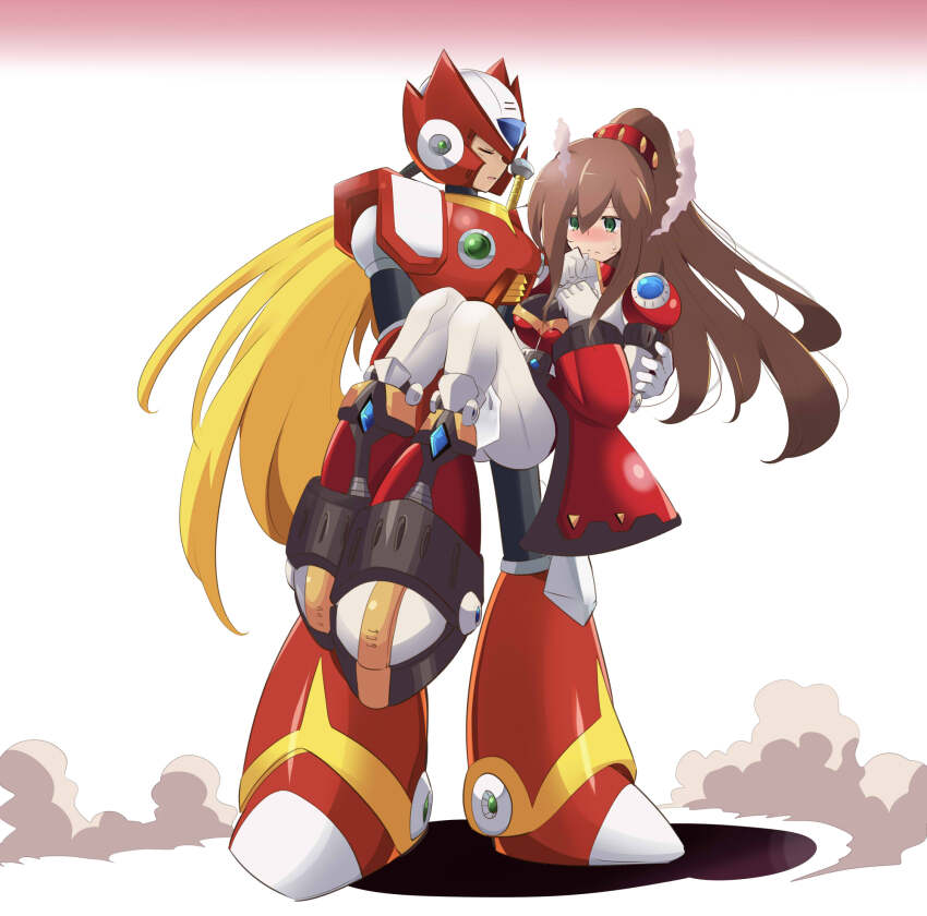1boy 1girl android armor blonde_hair blush breasts clenched_hands closed_eyes embarrassed energy_sword full_body gradient_background green_eyes hands_on_own_chest helmet high_ponytail highres holding iris_(mega_man) iris_another_(mega_man) joints long_hair medium_breasts mega_man_(series) mega_man_x_(series) mega_man_x_dive open_mouth ponytail red_armor red_helmet robot robot_girl robot_joints shoulder_armor sword sword_on_back tonchinkan very_long_hair weapon weapon_on_back z_saber zero_(mega_man)