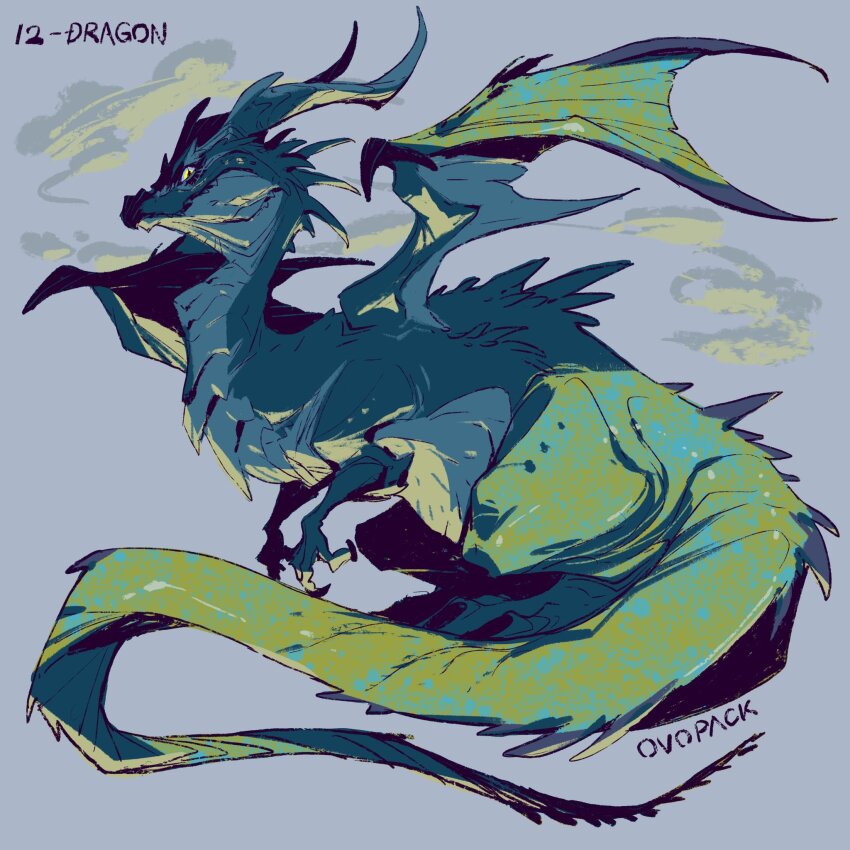 animal_focus artist_name claws dragon from_side full_body grey_background highres horns inktober looking_at_viewer monster murayama_ryota no_humans original signature simple_background slit_pupils smoke solo spikes tail western_dragon wings