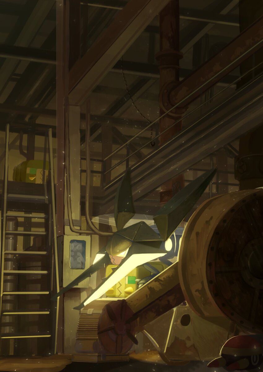 ceiling charjabug claws closed_mouth commentary_request evolutionary_line gen_7_pokemon glowing glowing_eyes grubbin highres indoors king_joe_(neoroto) ladder nintendo no_humans pokemon pokemon_(creature) shadow vikavolt