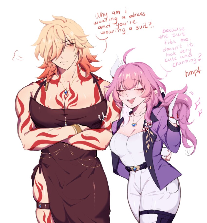 1boy 1girl ahoge arm_tattoo blonde_hair breasts brown_dress chest_tattoo cleavage commentary crossdressing crossdressing_(ftm) crossdressing_(mtf) crossed_arms cyrene_(honkai:_star_rail) cyrene_(ripples_of_past_reverie)_(honkai:_star_rail) dress english_commentary english_text formal_clothes heart heart_necklace highres honkai:_star_rail honkai_(series) jacket jewelry large_breasts long_hair medium_hair multicolored_hair muscular muscular_male mydei_(honkai:_star_rail) necklace pants pink_hair purple_jacket red_tattoo shirt simple_background suit tattoo two-tone_hair very_long_hair white_background white_hair white_pants white_shirt white_suit ziranotzireael