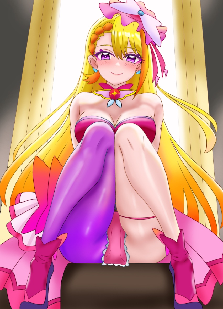 1girl absurdres bare_shoulders blonde_hair blush boots breasts cleavage cure_butterfly earrings highres hijiri_ageha hirogaru_sky!_precure jewelry knees_together_feet_apart knees_up long_hair looking_at_viewer magical_girl manga_sakuga_(precure) medium_breasts pantyhose pink_boots pink_headwear precure purple_eyes single_leg_pantyhose sitting skirt smile solo very_long_hair