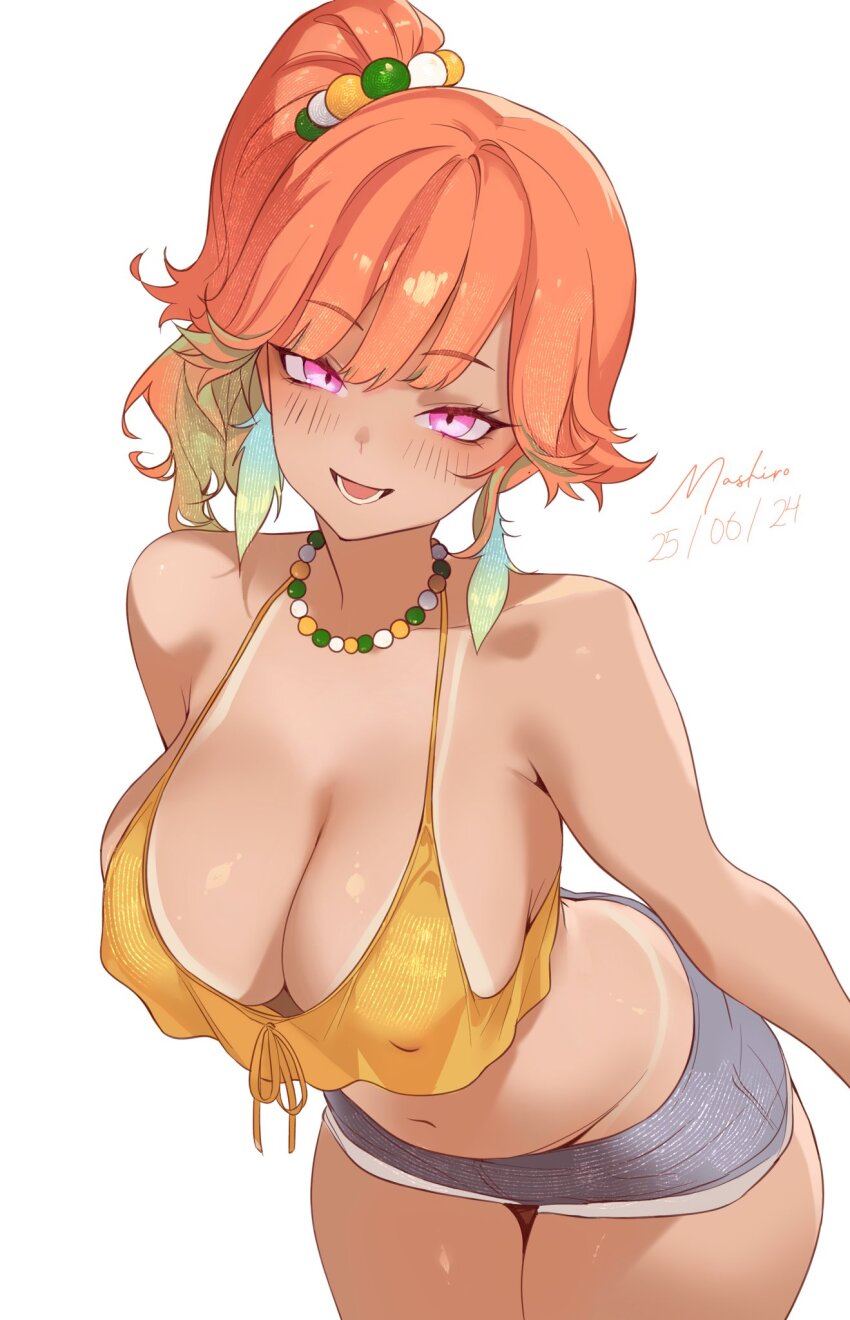 1girl alternate_costume blush brazilian_miku breasts cleavage covered_erect_nipples dated earrings feather_earrings feathers gradient_hair green_hair hatsune_miku high_ponytail highres hololive hololive_english jewelry large_breasts looking_at_viewer mashiro_www multicolored_hair necklace open_mouth orange_hair ponytail purple_eyes signature simple_background smile solo takanashi_kiara tan tanline tanline_peek virtual_youtuber white_background