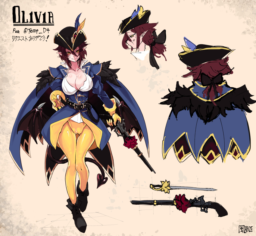 blush breasts bursting_breasts cameltoe cape carbine cleavage demon demon_girl demon_tail demon_wings feathers flower gun happy hat highres looking_at_viewer medium_breasts mole mole_under_mouth monster_girl monster_girl_encyclopedia musket nakadashikaze no_bra plant ponytail ribbon rifle rose scabbard sheath short-barreled_rifle short_sword slit_pupils smile succubus_(monster_girl_encyclopedia) sword tail weapon wings yellow_eyes