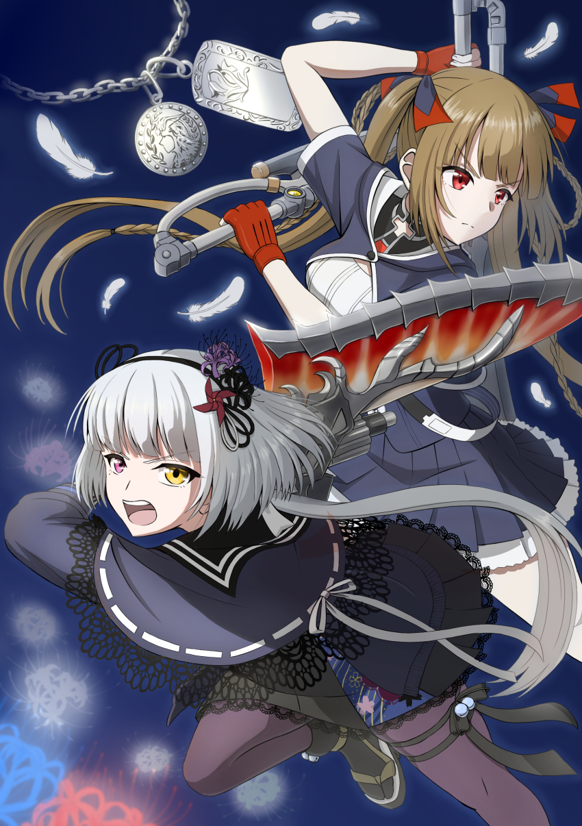 2girls absurdres arm_up assault_lily black_capelet black_flower black_hairband black_ribbon black_sailor_collar black_serafuku black_shirt black_skirt blue_background blue_flower braid braided_hair_rings breasts brown_hair brown_pantyhose capelet chain chain_necklace closed_mouth commentary cropped_jacket dual_wielding falling_petals fighting_stance fingerless_gloves floating_hair floral_print flower gloves gradient_background grey_hair hair_flower hair_ornament hair_rings hairband hand_up heterochromia highres holding holding_behind_back holding_sword holding_weapon holding_weapon_behind_back imai_seira jewelry jika-tabi lace lace-trimmed_capelet lace-trimmed_skirt lace_trim leaning_forward leg_ribbon long_hair long_sleeves looking_ahead low_ponytail medium_breasts miniskirt mole mole_under_eye multiple_girls necklace okobo open_mouth pantyhose pendant petals pink_eyes platform_sandals pleated_skirt ponytail print_skirt purple_flower red_eyes red_flower red_gloves red_ribbon ribbon ribbon-trimmed_capelet ribbon_trim sailor_collar sandals school_uniform serafuku shirt short_sleeves skirt spider_lily standing standing_on_one_leg sword teeth thigh_ribbon twintails two-tone_ribbon underbust unworn_jewelry unworn_necklace upper_teeth_only v-shaped_eyebrows very_long_hair weapon white_flower white_shirt yadoo yamaguchi_chihiro_(assault_lily) yellow_eyes yurigaoka_girls_academy_school_uniform