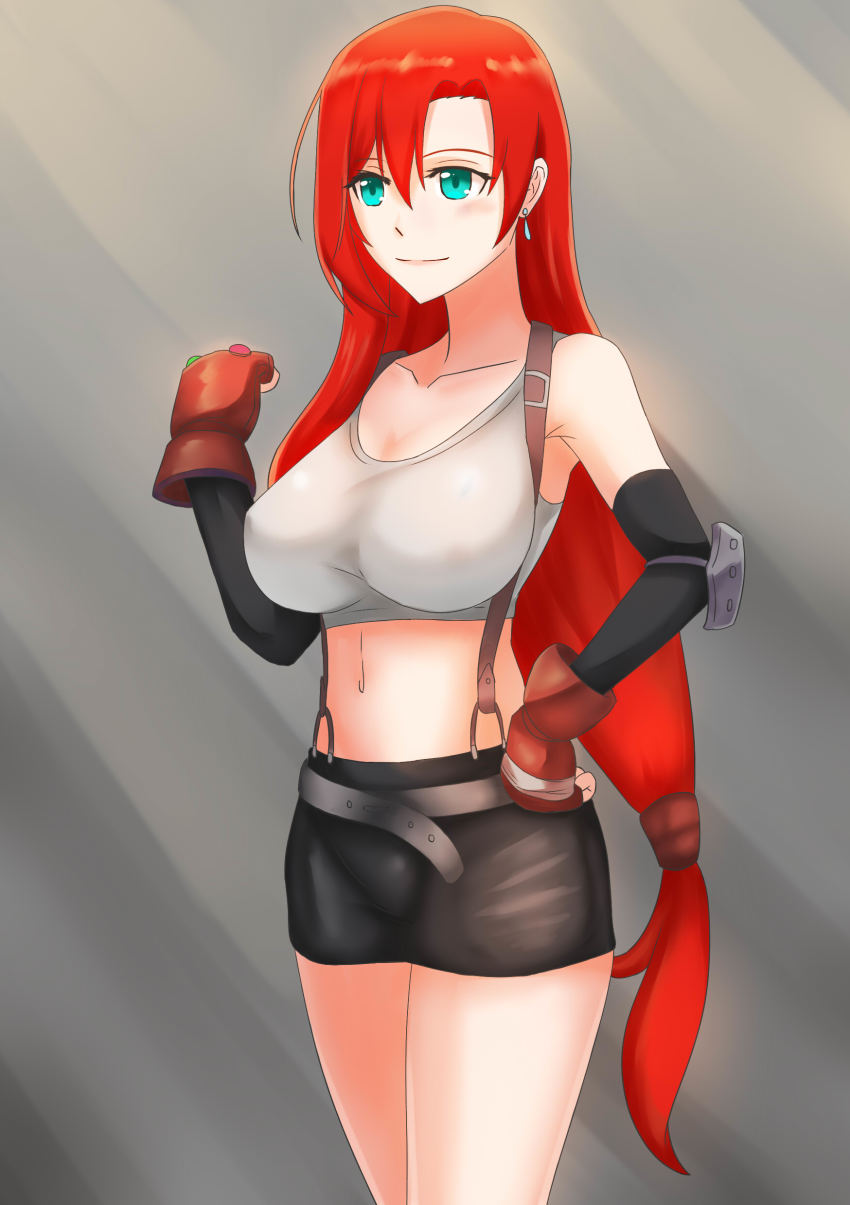 1girl absurdres black_sleeves blush boudica_(fate) boudica_(third_ascension)_(fate) breasts brown_gloves clenched_hand collarbone cosplay covered_erect_nipples der_zweite detached_sleeves earrings elbow_pads fate/grand_order fate_(series) female_focus final_fantasy final_fantasy_vii fingerless_gloves gloves green_eyes hair_between_eyes hand_on_own_hip highres jewelry large_breasts long_hair looking_at_viewer low-tied_long_hair midriff miniskirt pencil_skirt red_hair shirt skirt sleeveless sleeveless_shirt solo suspender_skirt suspenders tank_top taut_clothes taut_shirt tifa_lockhart tifa_lockhart_(cosplay) very_long_hair