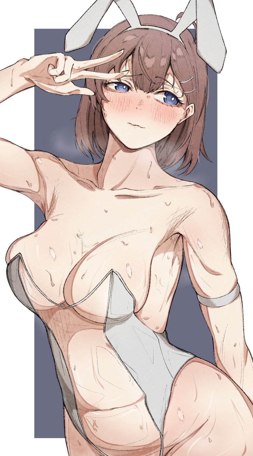 1girl absurdres animal_ears blue_eyes blush breasts brown_hair collarbone hair_ornament highres hod_(project_moon) leotard navel nb8c playboy_bunny project_moon rabbit_ears revealing_clothes see-through_clothes see-through_leotard sweat v