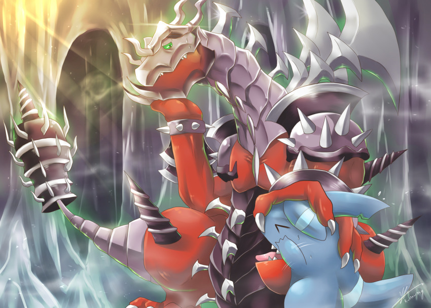 armed_dragon artist_request crossover dragon gen_4_pokemon gible green_eyes happy highres looking_at_another nintendo pokemon pokemon_(creature) sitting size_difference standing tail wings yu-gi-oh! yu-gi-oh!_duel_monsters