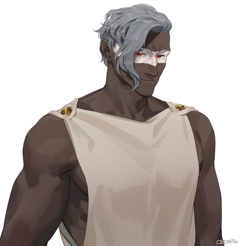 1boy ares ares_(hades) artist_name bara biceps close-up dark-skinned_male dark_skin hades_(series) hades_1 highres looking_at_viewer male_focus muscular muscular_male o3tofu paint paint_on_body pectorals red_eyes shirt sidepec silver_hair sleeveless solo upper_body