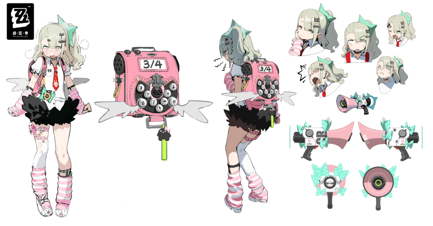 1girl absurdres arm_warmers asymmetrical_bangs backpack bag chinatsu_remiel chinese_commentary chinese_text commentary_request concept_art copyright_name earrings eighth_note english_text full_body green_eyes grey_hair hair_ornament hairclip hairpin highres jewelry leg_warmers legwear_garter megaphone multicolored_eyes multiple_expressions multiple_views musical_note musical_note_earrings necktie official_art pink_bag pink_eyes pouch puffy_short_sleeves puffy_sleeves red_necktie reference_sheet shirt short_sleeves side_ponytail simple_background single_legwear_garter single_thighhigh standing striped_arm_warmers striped_leg_warmers thigh_pouch thigh_strap thighhighs two-tone_eyes waterkuma white_background white_shirt white_thighhighs winged_bag zenless_zone_zero