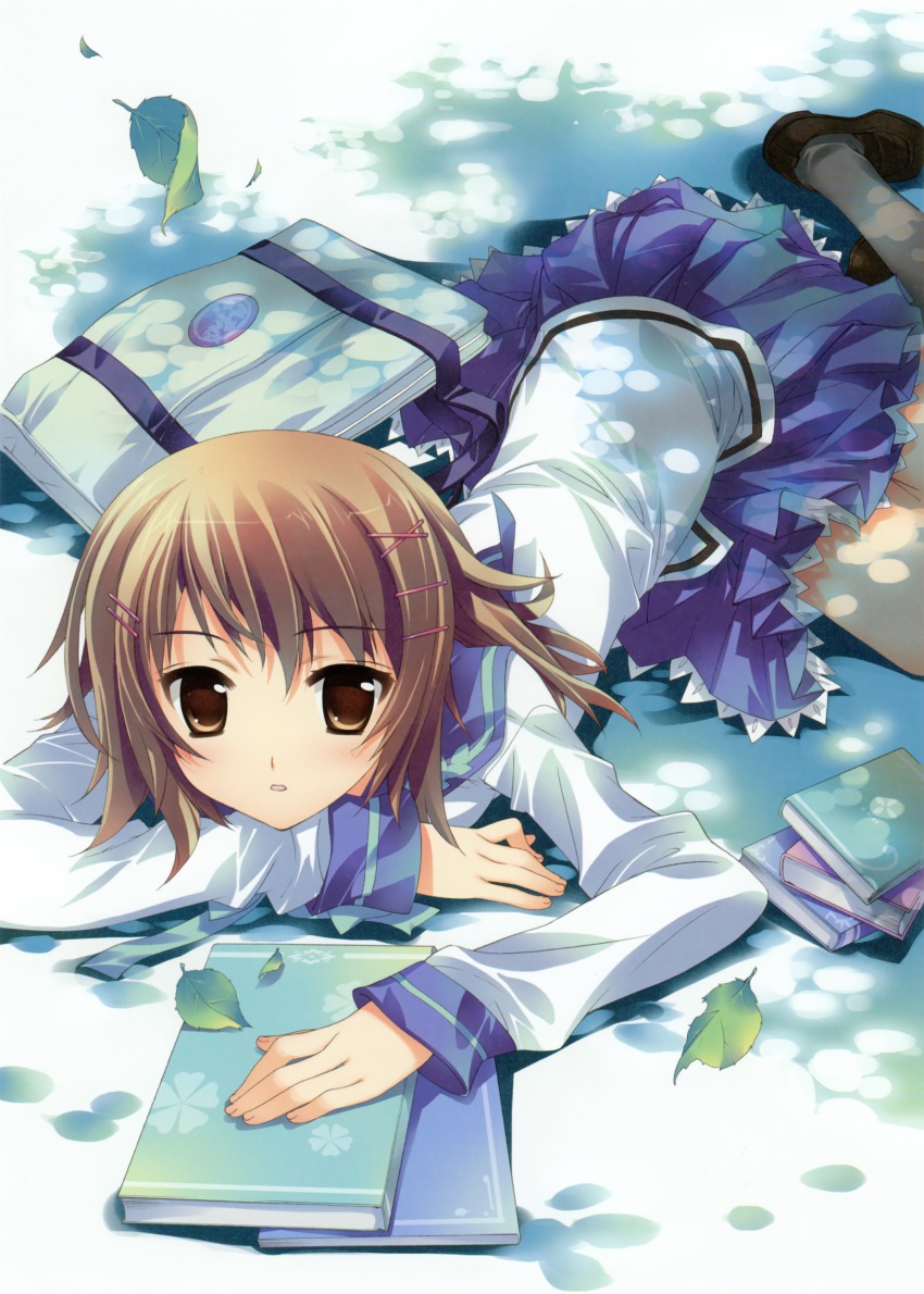 1girl absurdres bag book brown_eyes brown_hair bungaku_shoujo highres kotobuki_nanase leaf lying on_stomach school_uniform
