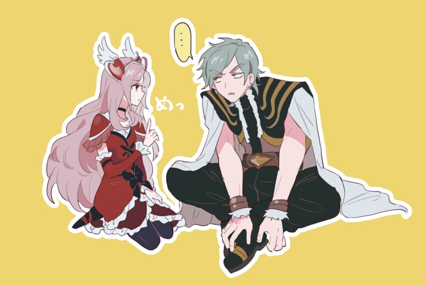 1boy 1girl bare_arms belt black_ribbon choker couple cure_passion dress earrings eas_(fresh_precure!) facing_another facing_to_the_side fresh_precure! frilled_dress frilled_skirt frilled_sleeves frills from_side gloves gown hair_ornament heart heart_hair_ornament higashi_setsuna highres jewelry long_hair looking_at_another looking_to_the_side pants parted_bangs pink_hair pointing pointing_up precure ribbon seiza sitting skirt speech_bubble staring thighhighs very_long_hair w6kyh wester_(fresh_precure!) wing_hair_ornament wristband
