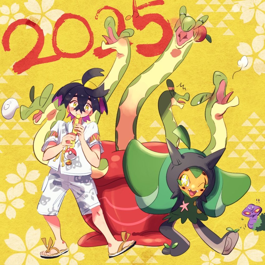 ! !! 1boy 2025 arbok assassinookayu black_hair blush bush commentary_request crossed_bangs fangs gen_1_pokemon hairband highres holding holding_instrument hydrapple instrument japanese_clothes kieran_(pokemon) male_focus multicolored_hair music nintendo ogerpon one_eye_closed open_mouth playing_instrument poke_flute pokemon pokemon_(creature) pokemon_sv purple_hair sandals short_sleeves simple_background standing star-shaped_pupils star_(symbol) symbol-shaped_pupils tongue yellow_background yellow_eyes yellow_hairband