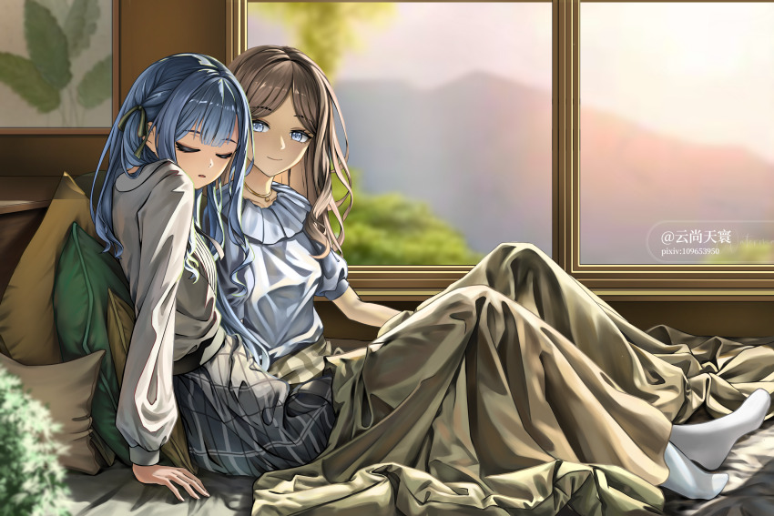 2girls awa_subaruu_(artist) bang_dream! bang_dream!_it&#039;s_mygo!!!!! blue_eyes blue_hair blue_shirt brown_hair closed_eyes closed_mouth commentary cushion green_ribbon grey_skirt hair_ribbon highres long_hair long_sleeves looking_at_another morning multiple_girls nagasaki_soyo parted_lips pixiv_id plaid_clothes plaid_skirt ribbon shirt skirt smile socks togawa_sakiko two_side_up under_covers white_shirt white_socks window yuri