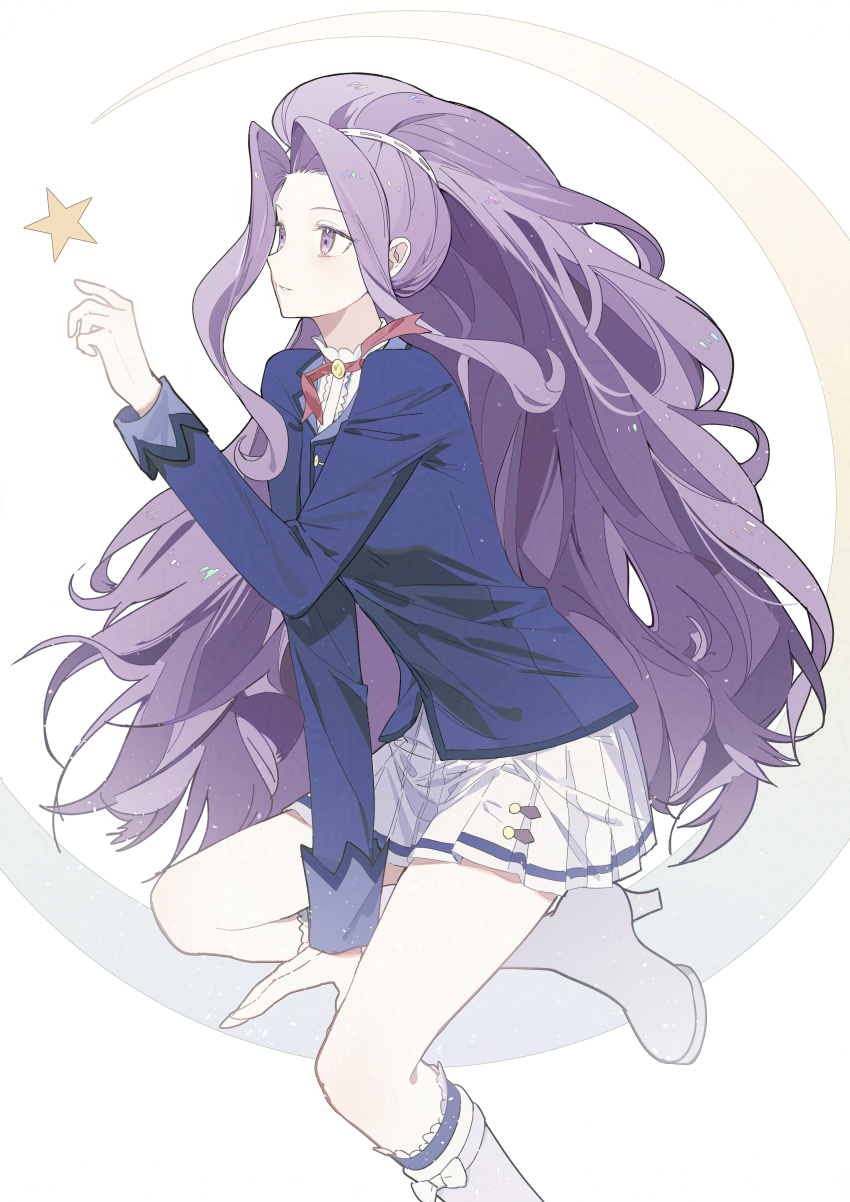 1girl absurdres aikatsu! aikatsu!_(series) blazer blue_jacket blue_socks boots bow buttons center_frills closed_mouth collared_jacket collared_shirt expressionless eyelashes foot_out_of_frame footwear_bow frilled_shirt_collar frilled_socks frills hairband high_heel_boots high_heels high_ponytail highres jacket kanzaki_mizuki knee_boots kneehighs lapels light_blush light_particles long_hair looking_at_object miniskirt morgue_(southsakura) neck_ribbon notched_lapels on_crescent pleated_skirt pointy_nose ponytail purple_eyes purple_hair red_ribbon ribbon ribbon-trimmed_hairband school_uniform shirt sidelocks sitting skirt sleeve_cuffs socks solo star_(symbol) starlight_academy_school_uniform very_long_hair wavy_hair white_background white_boots white_bow white_hairband white_shirt white_skirt