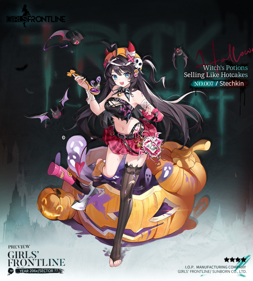 1girl asymmetrical_legwear axe bandaged_arm bandaged_horn bandaged_wrist bandages bare_shoulders bat_(animal) bell belt belt_charm black_belt black_hair black_nails black_tube_top blood blood_bag blue_eyes breasts brown_thighhighs character_name charm_(object) cleavage commentary copyright_name demon_horns demon_tail english_commentary english_text fangs feet fingernails full_body ghost girls&#039;_frontline hair_between_eyes hair_ornament halloween halloween_costume hat highres holding holding_ladle horned_hat horns jack-o&#039;-lantern ladle lightning_ahoge long_hair looking_at_viewer miniskirt mismatched_legwear multicolored_nails navel neck_bell no_shoes official_alternate_costume official_art one-eyed one_side_up open_mouth orange_hat orange_socks pink_blood pink_skirt plaid_clothes plaid_skirt promotional_art pumpkin purple_liquid purple_nails red_horns second-party_source simple_background skirt skull_hair_ornament socks solo spiked standing standing_on_one_leg star_(symbol) stechkin_(girls&#039;_frontline) stechkin_(witch&#039;s_potions_selling_like_hotcakes)_(girls&#039;_frontline) sticker stomach strapless striped_clothes striped_thighhighs tail teeth thighhighs toe_dipping toeless_legwear toenails toes trick_or_treat tube_top uneven_legwear upper_teeth_only vertical-striped_clothes vertical-striped_thighhighs very_long_hair x_hat_ornament xiaoxing