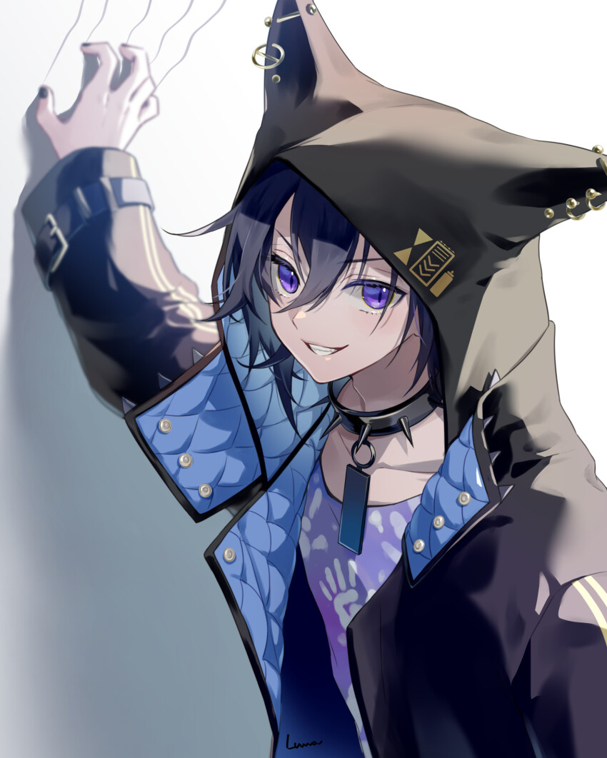 1boy animal_hood arm_up black_coat black_collar black_hair black_nails cat_hood coat collar grin hair_between_eyes highres holostars hood hood_up hooded_coat kanade_izuru kanade_izuru_(1st_costume) looking_at_viewer luma8b male_focus open_clothes open_coat purple_eyes shadow short_hair signature smile solo spiked_collar spikes upper_body white_background