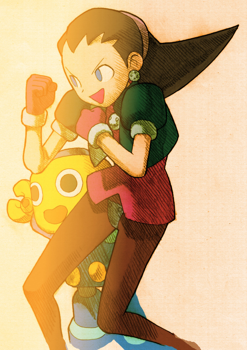 1girl :d arms_up bengus blue_eyes brooch brown_pantyhose capcom cropped_jacket crotch_plate earrings facing_to_the_side fighting_stance flipped_hair game_cg gloves hair_pulled_back hairband hand_on_own_hip highres jacket jewelry marvel_vs._capcom marvel_vs._capcom_2 mega_man_(series) mega_man_legends_(series) non-web_source official_art open_clothes open_jacket open_mouth pantyhose pink_gloves pink_shoes puffy_short_sleeves puffy_sleeves scan servbot_(mega_man) shoes short_sleeves sidelighting simple_background smile solo standing tron_bonne_(mega_man) white_background