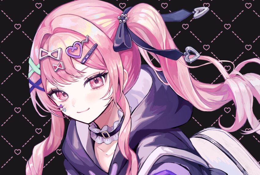 1girl akiyama_mizuki black_background bow choker commission hair_ornament hair_ribbon heart heart_hair_ornament highres hood long_hair looking_at_viewer negai_wa_itsuka_asa_wo_koete_(project_sekai) pink_eyes pink_hair pipi_(pipinavigation) project_sekai ribbon sidelocks smile solo star_(symbol) star_hair_ornament
