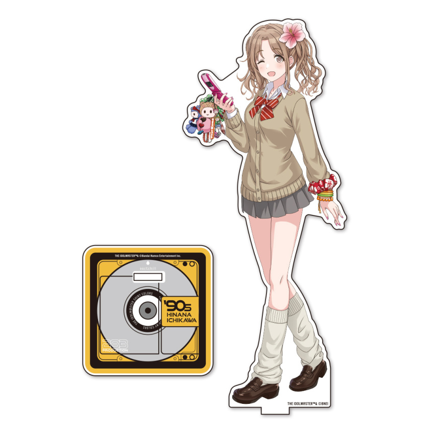 1girl blush bracelet breasts brown_sweater hair_ornament ichikawa_hinana idolmaster idolmaster_shiny_colors jewelry long_hair long_sleeves looking_at_viewer official_art open_mouth simple_background skirt smile socks solo sweater white_background white_socks