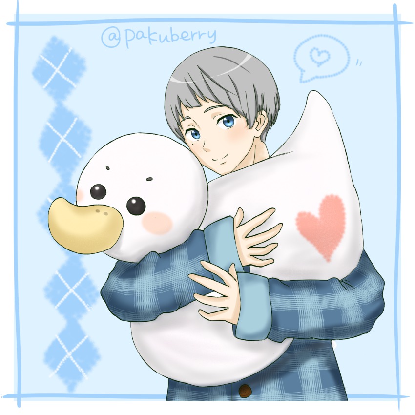 10s 1boy bad_id bad_pixiv_id bird blue_eyes blush duck free! grey_hair heart highres male_focus mole mole_under_eye nitori_aiichirou pakuberry short_hair solo spoken_heart twitter_username