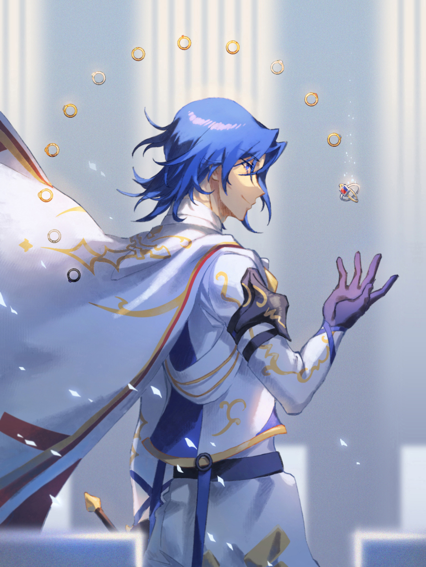 1boy black_gloves blue_eyes blue_hair cape closed_mouth fire_emblem fire_emblem_engage gloves hahahashagi highres jewelry light_smile long_sleeves looking_to_the_side male_alear_(divine_dragon)_(fire_emblem) male_alear_(fire_emblem) nintendo ring shirt short_hair solo white_cape