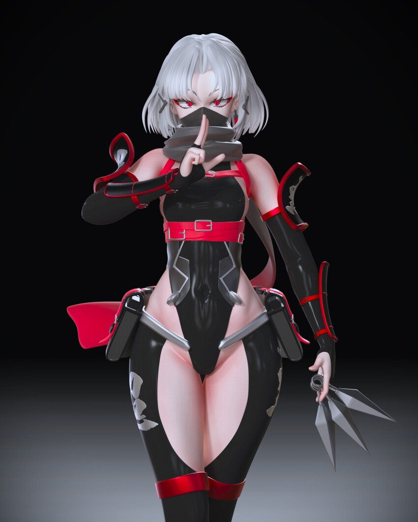 1girl 3d absurdres arm_armor bare_shoulders black_leotard breasts covered_navel cowboy_shot drake_(nikke) gloves goddess_of_victory:_nikke highleg highleg_leotard highres japanese_clothes kunai leotard looking_at_viewer mask medium_breasts mouth_mask ninja ninja_mask red_eyes scarf short_hair sideboob simple_background weapon white_hair yatayata1414