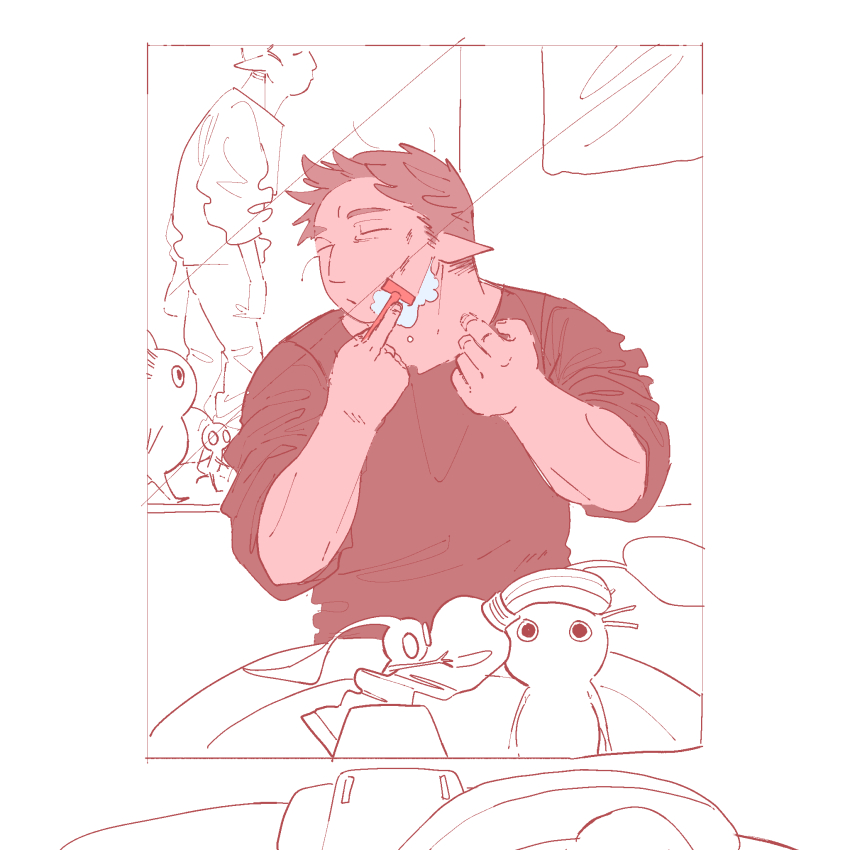 2boys alternate_costume bathroom black_shirt brown_hair casual closed_eyes closed_mouth expressionless flat_color frown highres holding holding_razor indoors leaf lineart long_sleeves louie_(pikmin) male_focus mirror multiple_boys nintendo no_mouth olimar partially_colored pikmin_(creature) pikmin_(series) pointy_ears pointy_nose purple_pikmin razor reflection reflection_focus shaving shaving_cream shirt sink solid_circle_eyes three-quarter_sleeves toothpaste walking white_pikmin yu_pikmin