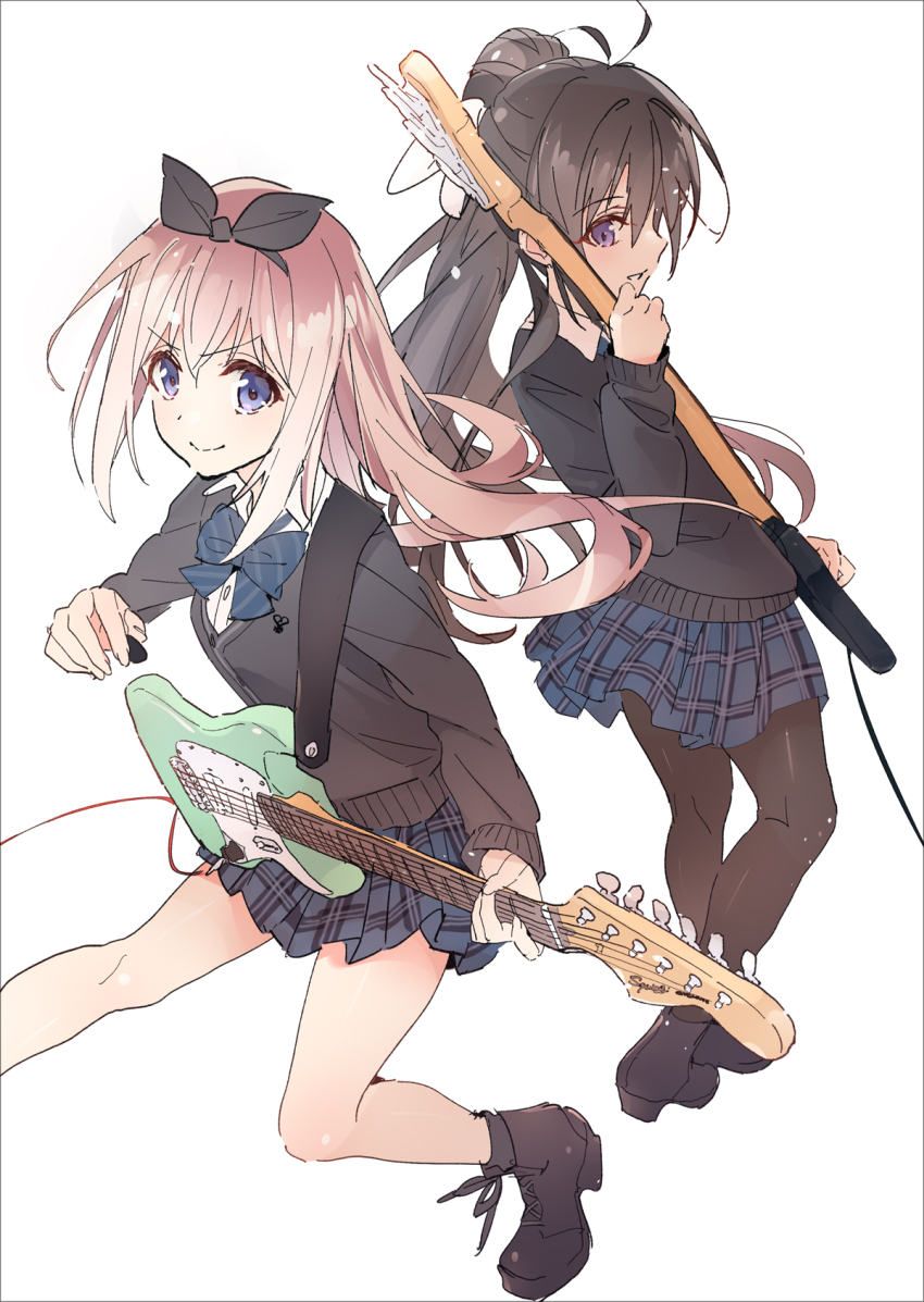 2girls antenna_hair black_cardigan black_footwear black_hairband black_pantyhose blue_bow blue_bowtie blue_eyes blue_skirt bow bow_hairband bowtie breasts brown_hair cardigan closed_mouth collared_shirt electric_guitar floating_hair from_behind guitar hair_between_eyes hairband high_ponytail highres hikawa_ruriwo instrument kawachino_suzuna long_hair looking_at_viewer looking_back motoyon multiple_girls pantyhose parted_lips plaid_clothes plaid_skirt pleated_skirt ponytail sakura_no_uta school_uniform shirt simple_background skirt small_breasts smile standing straight_hair v-shaped_eyebrows white_background white_hair white_shirt