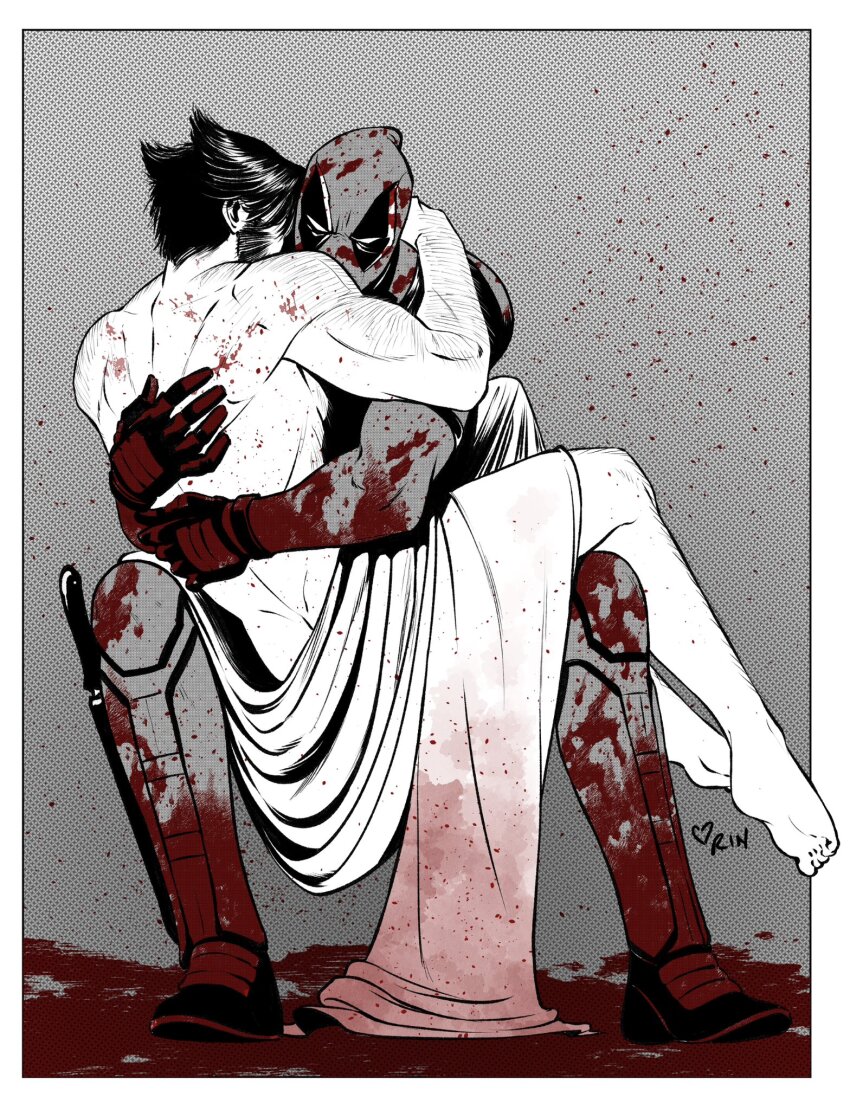 2boys arm_hair back bed_sheet blood blood_on_clothes blood_on_hands blood_splatter bodysuit commentary corin_m_howell couple deadpool deadpool_(series) english_commentary facial_hair feet gloves highres hug leg_hair male_focus marvel mask multiple_boys muscular naked_sheet short_hair superhero_costume toes wolverine_(x-men) x-men yaoi