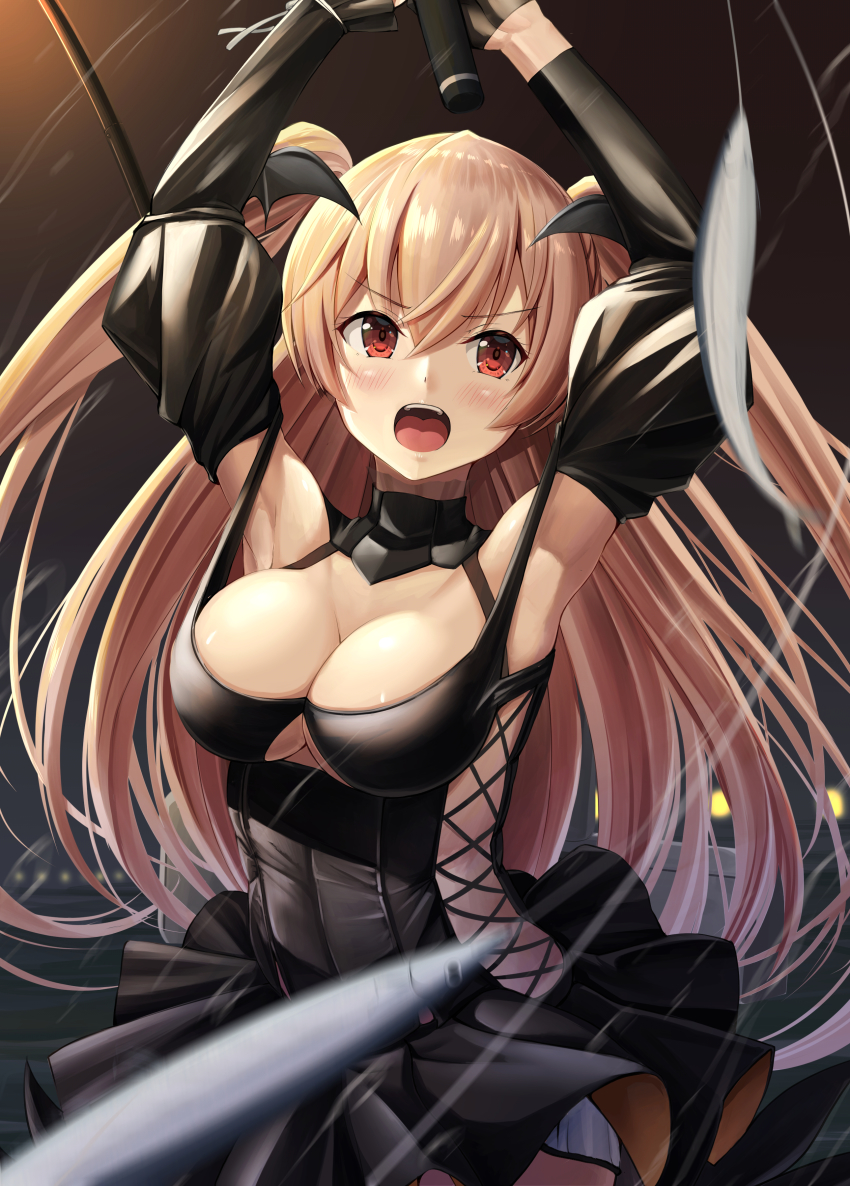 1girl absurdres armpits arms_up bare_shoulders black_dress black_gloves blush braid breasts cleavage clothing_cutout cowboy_shot cross-laced_clothes cross-laced_cutout detached_sleeves dress fish fishing_rod gloves hair_between_eyes halloween halloween_costume highres holding holding_fishing_rod horns ichikawa_feesu johnston_(halloween)_(kancolle) johnston_(kancolle) kantai_collection large_breasts light_brown_hair long_hair looking_at_viewer official_alternate_costume open_mouth red_eyes saury single_braid solo two_side_up