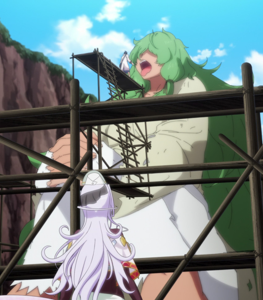 1boy 2girls dione_nephilim giant giantess glenn_litbeit green_hair highres lamia monster_girl monster_musume_no_oisha-san multiple_girls saphentite_neikes