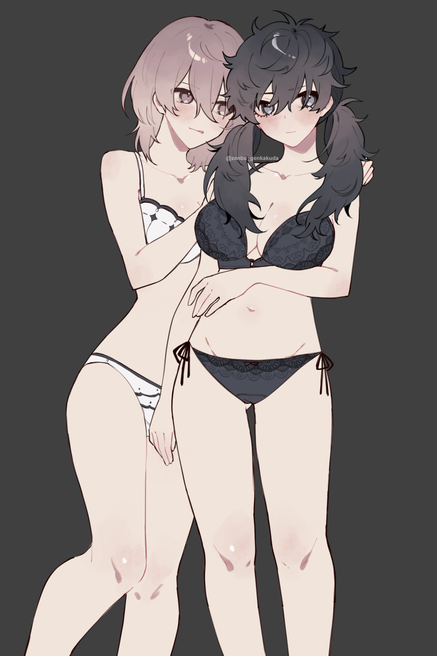 2girls akechi_gorou amamiya_ren bare_shoulders black_bra black_hair black_panties blush bra breasts brown_eyes brown_hair cleavage genderswap genderswap_(mtf) gluteal_fold grey_eyes highres knees licking_lips light_smile lingerie long_hair looking_at_another looking_to_the_side low_twintails messy_hair multiple_girls navel panties persona persona_5 short_hair smile thighs tongue tongue_out twintails underwear underwear_only variant_set white_bra white_panties yuri zenbu_genkakuda