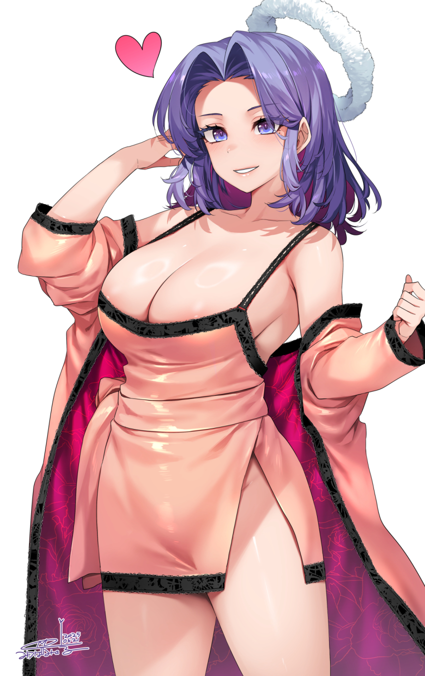 1girl alternate_costume artist_name breasts cleavage commentary_request cowboy_shot hair_intakes halo heart highres kantai_collection large_breasts looking_at_viewer mechanical_halo mitsuba_minoru orange_robe parted_lips purple_eyes purple_hair robe short_hair simple_background smile solo spaghetti_strap tatsuta_(kancolle) white_background