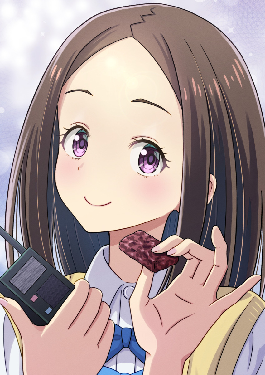 1girl asagumo_chihaya blue_bow blue_bowtie blush bow bowtie brown_hair closed_mouth food forehead highres holding holding_food holding_walkie-talkie large_forehead long_hair looking_at_viewer make_heroine_ga_oo_sugiru! manato parted_bangs purple_eyes school_uniform shirt simple_background smile solo sweater_vest walkie-talkie white_shirt yellow_sweater_vest